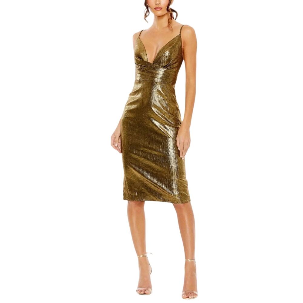 Mac Duggal 27057 Gold Cocktail Dress Backless Deep V-Neck Midi Sheath Size 8